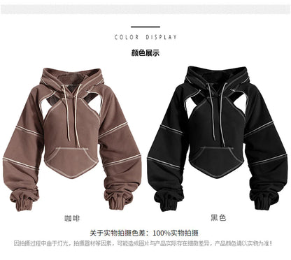 Color Blocking Bright Line Decoration Women High Street Hoodies Y2K Clothes Harajuku Hollow Out Back Lace-up Long Sleeve Tops