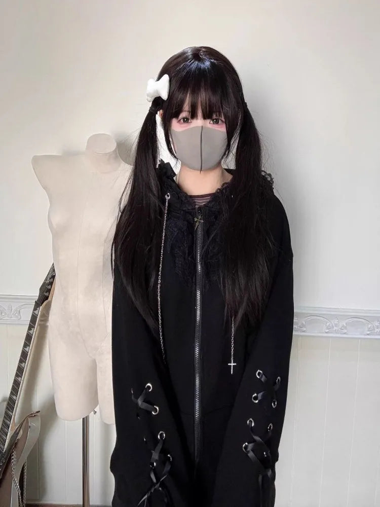 Kimutomo Hoodies Women Lace Patchwork Ribbon Cat Ears Y2k Aesthetic Gothic Grunge Sweet Outwear Loose Jackets Vintage Sweatshirt