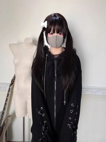Kimutomo Hoodies Women Lace Patchwork Ribbon Cat Ears Y2k Aesthetic Gothic Grunge Sweet Outwear Loose Jackets Vintage Sweatshirt
