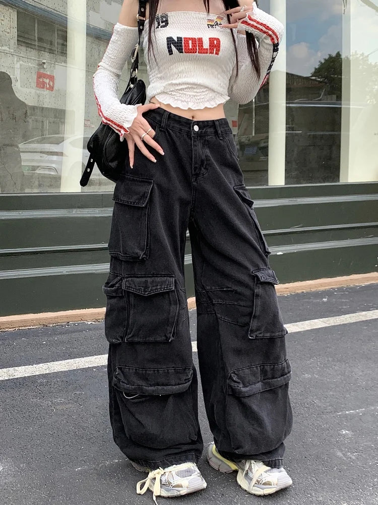 Trashy Y2K 2000S Streetwear Washed Black Baggy Jeans Cargo Pants For Women Clothes Multi Pockets Wide Leg Gothic Lady Trousers