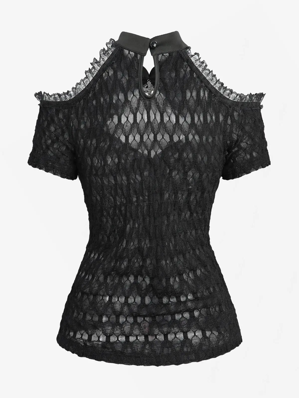 New Gothic Cold Shoulder Tops Women's Crochet Mesh Semi See Through Shirt with Cut Out Panels, Twist Front Cropped T-Shirt