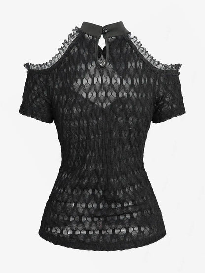 New Gothic Cold Shoulder Tops Women's Crochet Mesh Semi See Through Shirt with Cut Out Panels, Twist Front Cropped T-Shirt