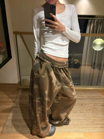 American Retro Y2K Hot Girl Camouflage Workwear Casual Pants Women Early Spring 2025 New High Waist Loose Wide Leg Long Trousers