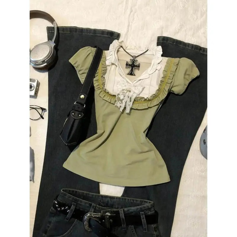 2000s Lace Trim Harajuku T Shirts Aesthetic Sweet Girl Summer Women Clothes Femme Trendy Green Kawaii Top Gentle Ruffle Y2k Tees