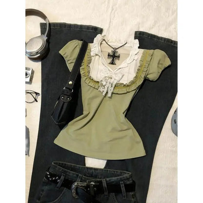 2000s Lace Trim Harajuku T Shirts Aesthetic Sweet Girl Summer Women Clothes Femme Trendy Green Kawaii Top Gentle Ruffle Y2k Tees