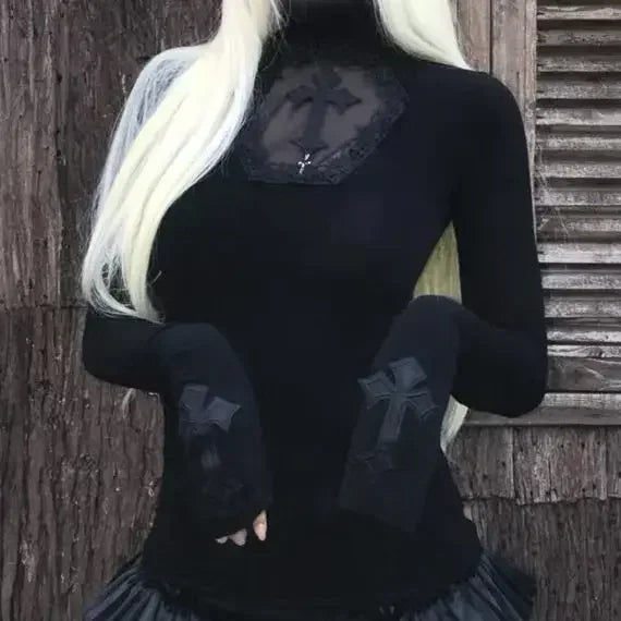 High Neck Dark Gothic Cross Hollow Slimming Bottom Knitted Shirt for Women Halloween Costume Long Sleeve Sexy T-shirt Women Tops