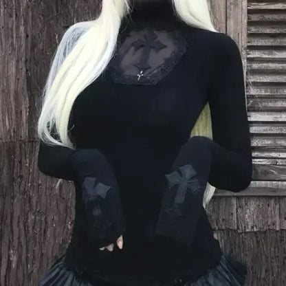 High Neck Dark Gothic Cross Hollow Slimming Bottom Knitted Shirt for Women Halloween Costume Long Sleeve Sexy T-shirt Women Tops