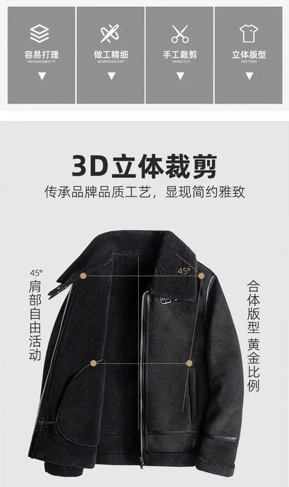 Fashion Solid Slim Korean Style Leather Coat Fleece Jacket Men Leather Jacket Winter Faux Fur Collar Windproof Warm Clothing