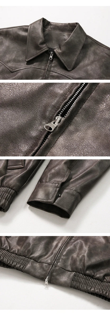 Spring Autumn Vintage Lightweight Distressed Washed Brown Pu Leather Jacket Men Zipper Casual Korean Fashion Clothes