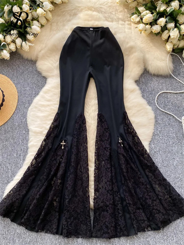 SINGREINY American Ins Hotsweet Pants Women High Waist Mesh Splice Lace Design Fashion Streetwear Skinny Flared Long Pants