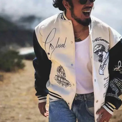 Embroidery bomber Jacket Men Splicing PU Leather Sleeves Spring Autumn Streewear varsity Jacket Baseball Coats Men Clothing