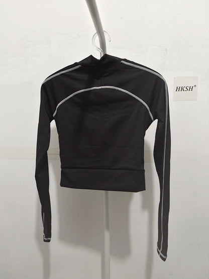 HKSH Spring New Women Tide Dark Sports T-shirt Turtleneck Long Sleeve Slim Fit High Elastic Ins Y2K Patchwork Splice Tees HK5067