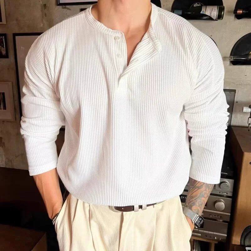 Korean Henry Collar T-shirt Fashion Men Luxury Solid Color Long Sleeve Tops Leisure Light Business Fall Casual Basic Shirt M-3XL