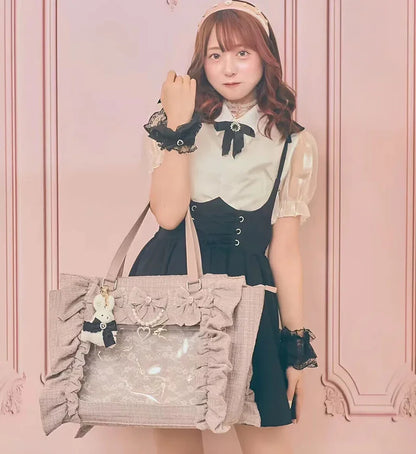 Japanese Style Mine Bags Women Ruffled Lace Lolita Girls Rhienstone Pearl Bowknot Square Tote Shoulder Portable Bolso Handbags