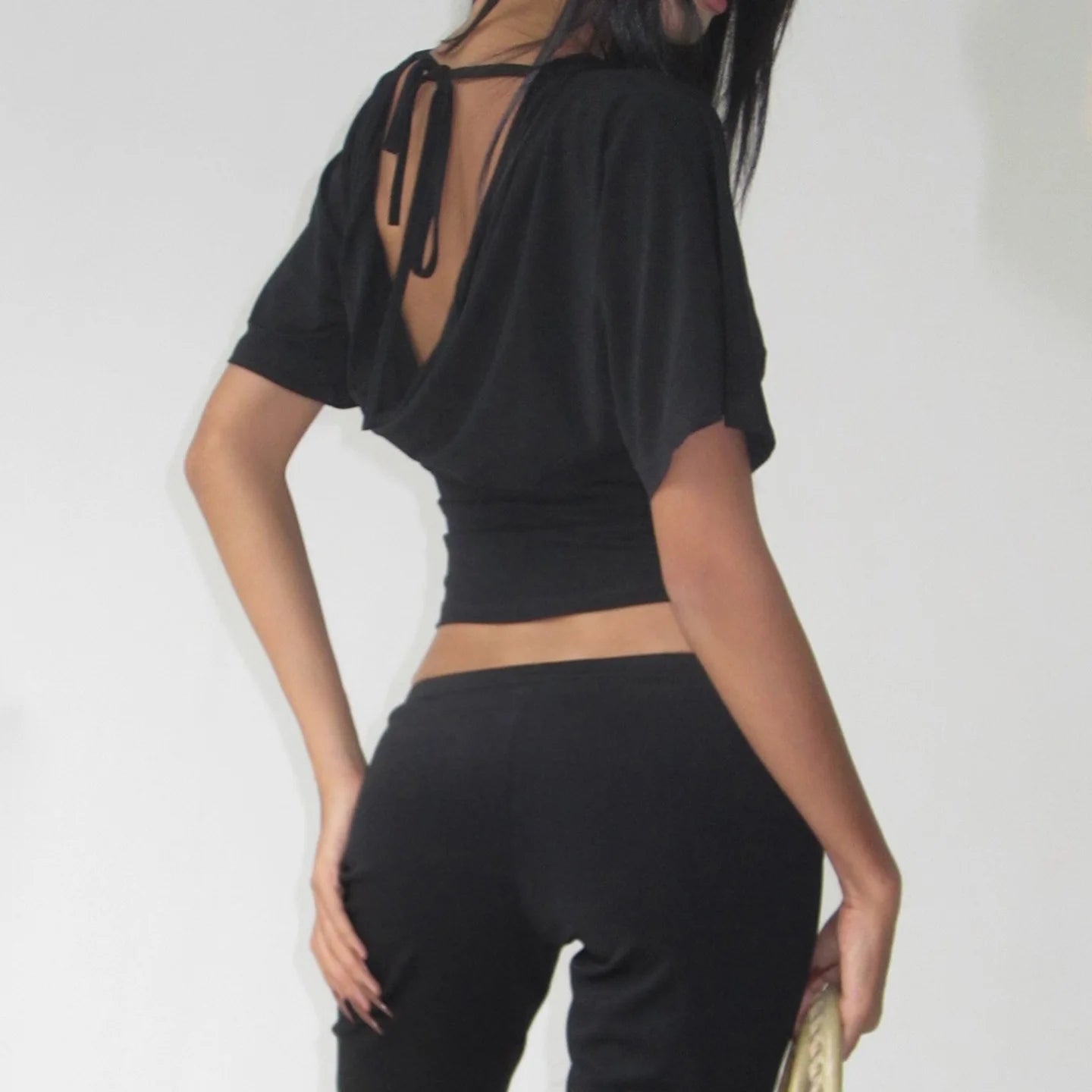 Sexy Deep V Neck Lace Spliced Tie Waist Slim Half Sleeve Crop Tee For Women
