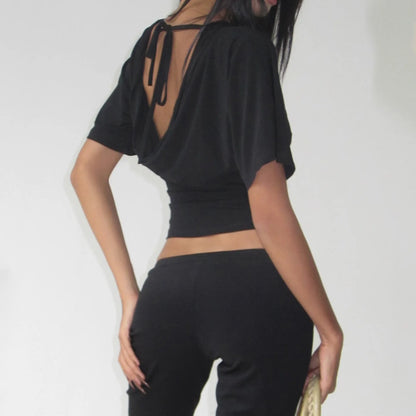Sexy Deep V Neck Lace Spliced Tie Waist Slim Half Sleeve Crop Tee For Women