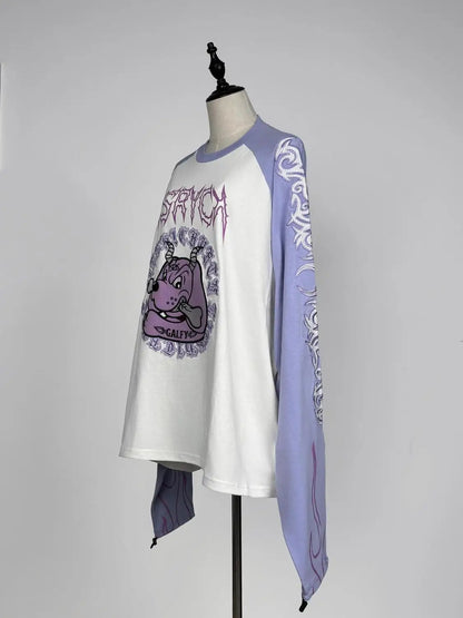 Japanese Harajuku Streetwear Co-branded Subculture Tattoo Embroidery Flame Long Sleeve Oversized Sleeve T-Shirt