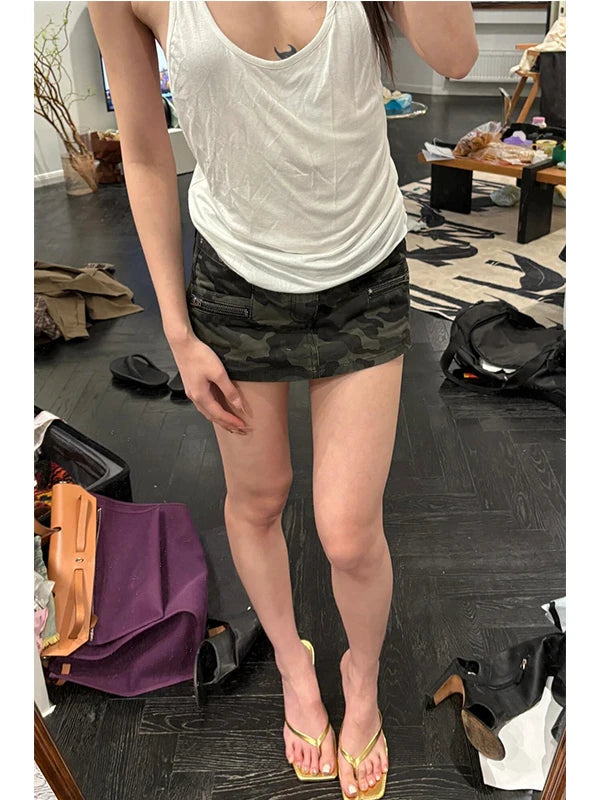 Low Waist A-Line  Skirt Women's Summer Sexy Camouflage Denim Skirt Punk Street Style Green Color Streetwalk Citywalk