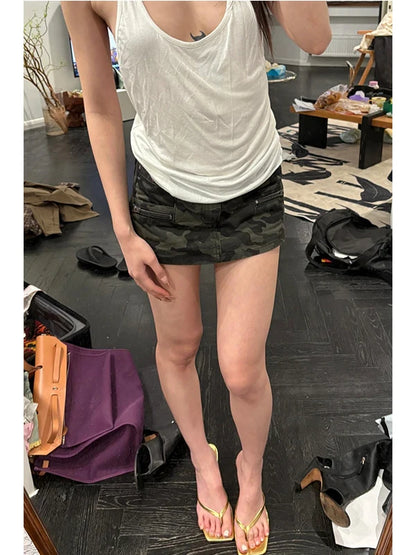Low Waist A-Line  Skirt Women's Summer Sexy Camouflage Denim Skirt Punk Street Style Green Color Streetwalk Citywalk