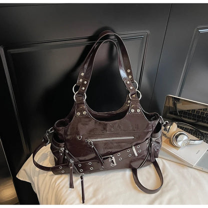 Fashionable Large Capacity Rivet Street Style Women's Tote Bag Shoulder Crossbody Bag Durable Polyester  Commuter Bag