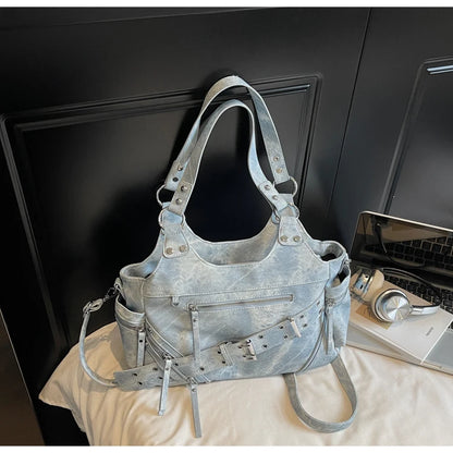 Fashionable Large Capacity Rivet Street Style Women's Tote Bag Shoulder Crossbody Bag Durable Polyester  Commuter Bag