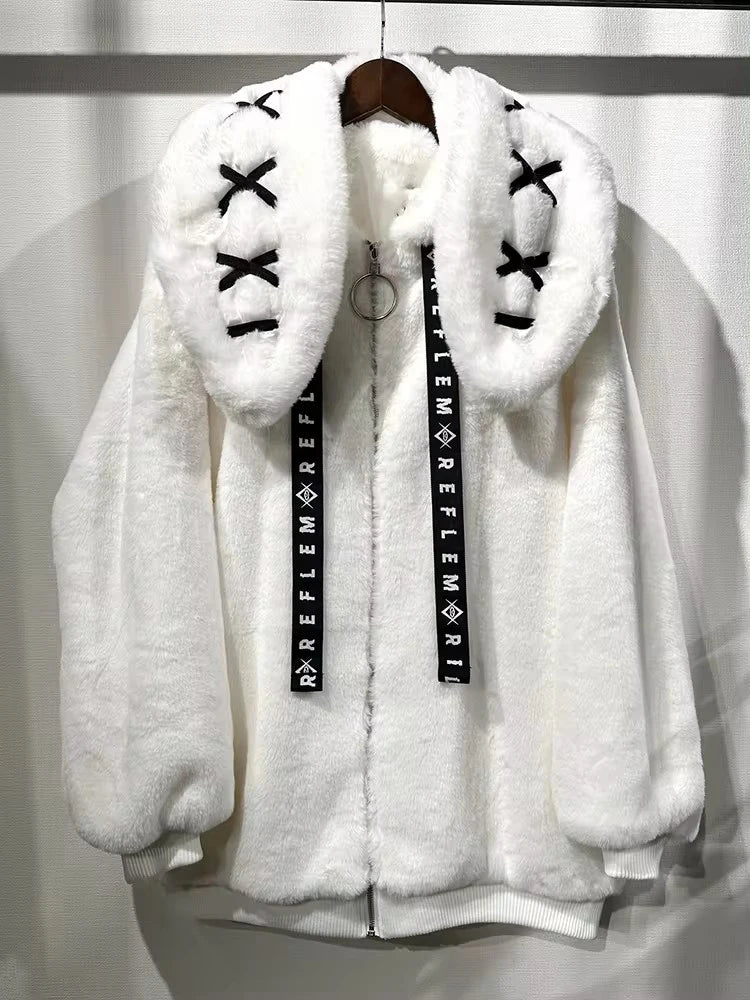 Women's White Faux Fur Bunny-Ear Coat