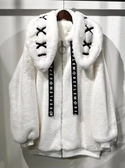 Women's White Faux Fur Bunny-Ear Coat
