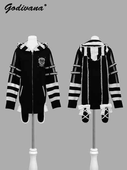Japanese Harajuku Style Bow Sweet Cool Long-Ear Hooded Lace Trim Color-Block Zipper Long Cardigan Coat Gothic Hoodie Jacket