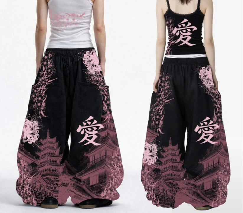 Equinox Flower Japanese Leisure Pants Manga Printing Men Women Slacks - APEX RITUAL women's pants