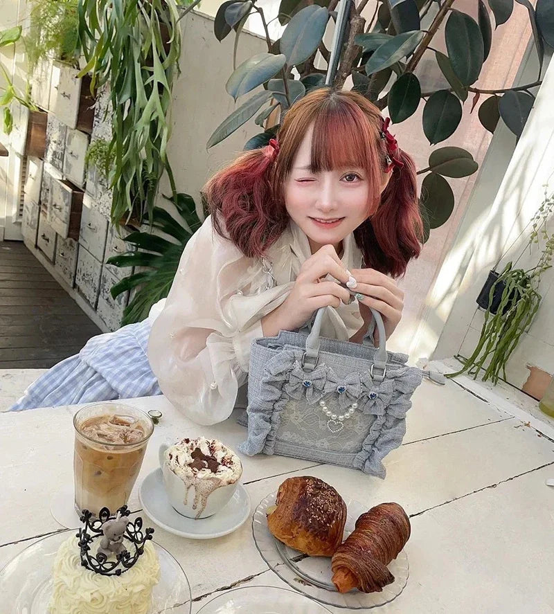 Japanese Style Mine Bags Women Ruffled Lace Lolita Girls Rhienstone Pearl Bowknot Square Tote Shoulder Portable Bolso Handbags