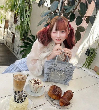 Japanese Style Mine Bags Women Ruffled Lace Lolita Girls Rhienstone Pearl Bowknot Square Tote Shoulder Portable Bolso Handbags