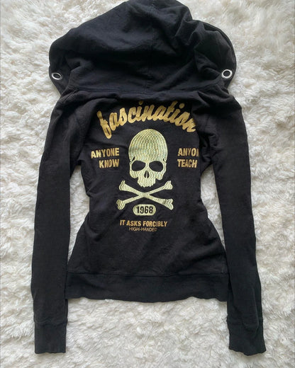 Women's Jacket Y2K Gothic Drawstring Design Black Zipper Sweatshirt Harajuku Letter Pattern Sexy Slim Fit Hoodie