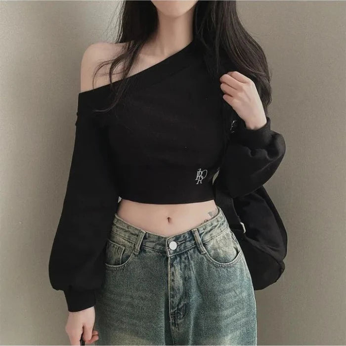 Slim Fit Long Sleeve Hoodie Women's Style Irregular Collar Show Shoulder Waist Cinching Short Length Commute Fashion  Color