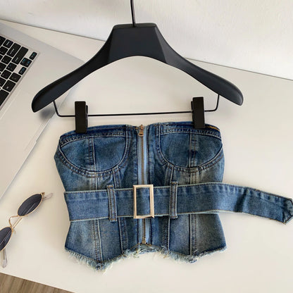 SINGREINY Vintage Denim Strapless Camis Backless Irregular Raw Hem Slim Distressed Crop Top Ladies Sashes Sexy Club Lingerie Top