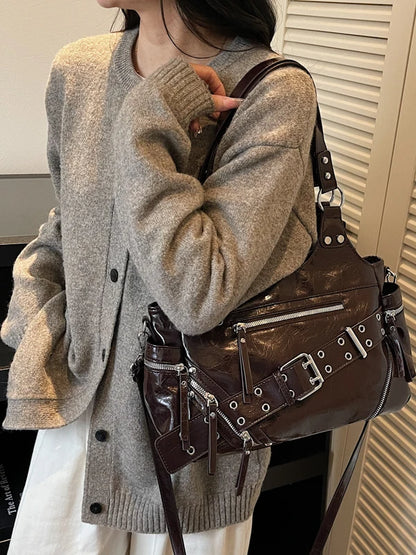 Fashionable Large Capacity Rivet Street Style Women's Tote Bag Shoulder Crossbody Bag Durable Polyester  Commuter Bag