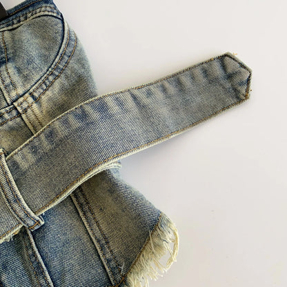SINGREINY Vintage Denim Strapless Camis Backless Irregular Raw Hem Slim Distressed Crop Top Ladies Sashes Sexy Club Lingerie Top