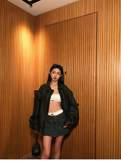 Lautaro Spring Autumn Cool Handsome Retro Oversized Distressed Brown Soft Faux Leather Jackets for Women Zipper Runway Fashion