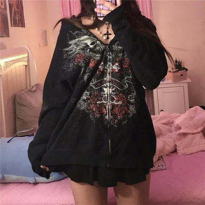 Hoodie Kawaii Y2k Anime Cartoon Goth Zip Up Hoodie Woman Harajuku Streetwear Loose Long Sleeve Sweatshirts Femme Sweatshirts
