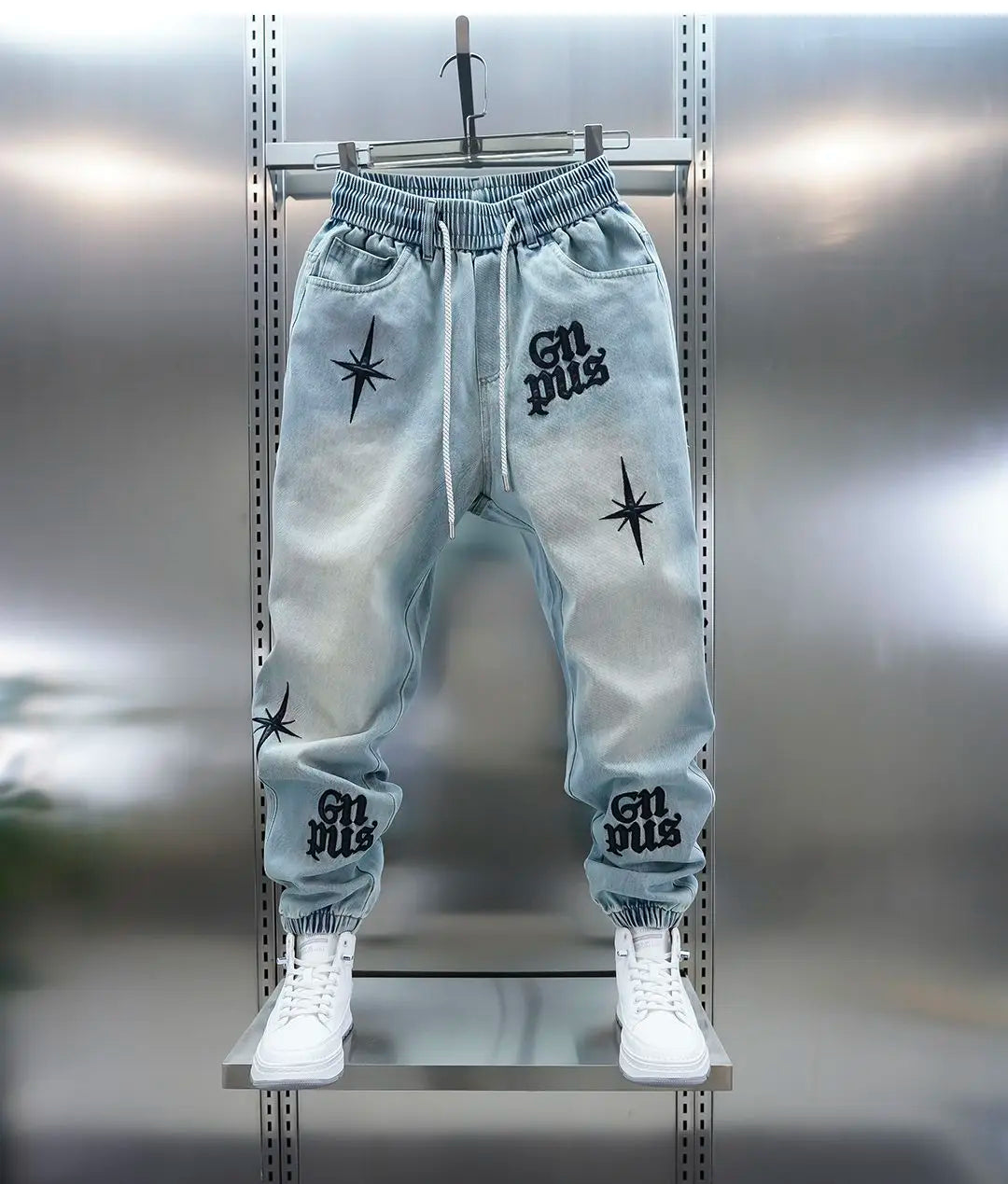 American high-street letter embroidered washed denim jeans fashion loose-fitting jogger harem pants slim-fit casual pants