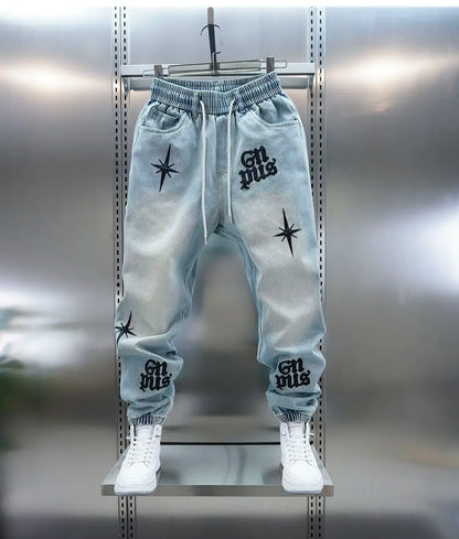 American high-street letter embroidered washed denim jeans fashion loose-fitting jogger harem pants slim-fit casual pants