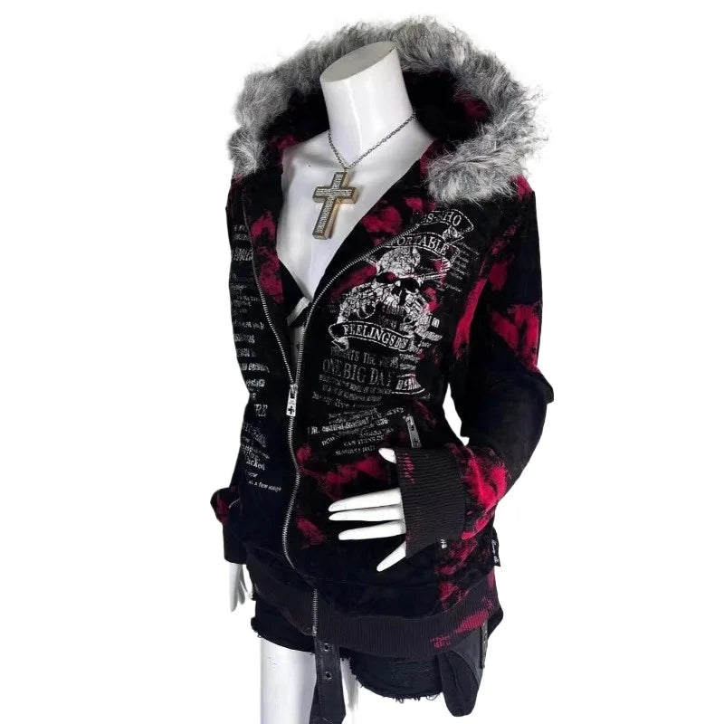 New Gothic geometric print red gradient zipper hoodie women fashion high - APEX RITUAL women's hoodies & sweatshirts