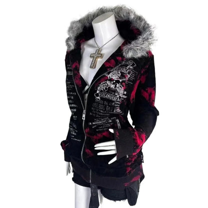 New Gothic geometric print red gradient zipper hoodie women fashion high - APEX RITUAL women's hoodies & sweatshirts