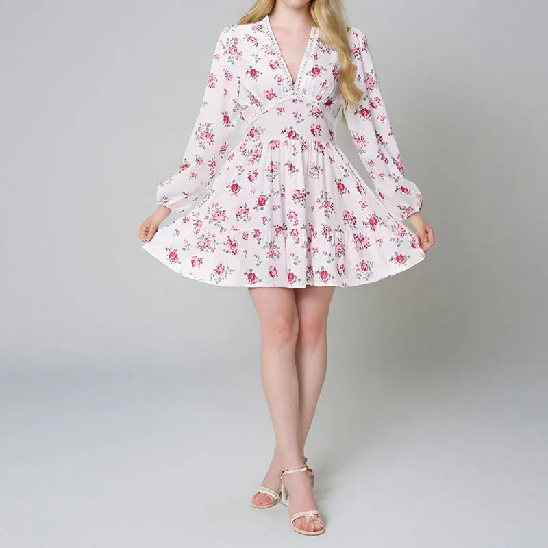 2025 New Women Summer Mini Dress Long Sleeve Flower Print Boho Dress Sexy V-Neck High Waist A-Line Dress Vestidos Clothes