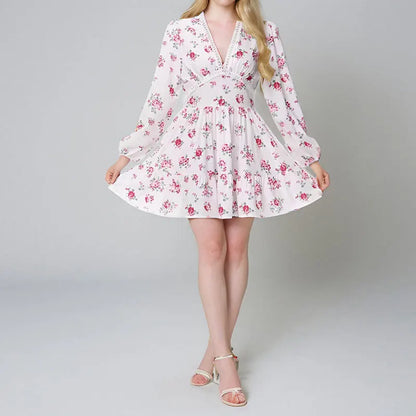 2025 New Women Summer Mini Dress Long Sleeve Flower Print Boho Dress Sexy V-Neck High Waist A-Line Dress Vestidos Clothes