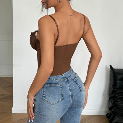 SSexy V Neck Y2K Crop Tops Lace Patchwork Pleated Bowknot Corset Top Sexy Backless Slim Camisole Body Shape Fishbone Bustier