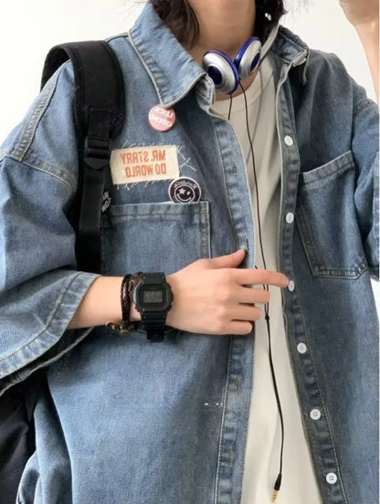 Harajuku Tooling Mens Sets 2024 Summer American Street Retro Denim Suit Hip Hop Printed Cowboy Shirt+Wide Leg Jeans 2-pcs New