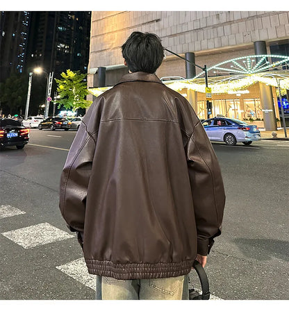 Youth Fashion Men Leather Jacket Casual Zipper Black Motorcycle Waterproof Windproof Pu Bomber Coat