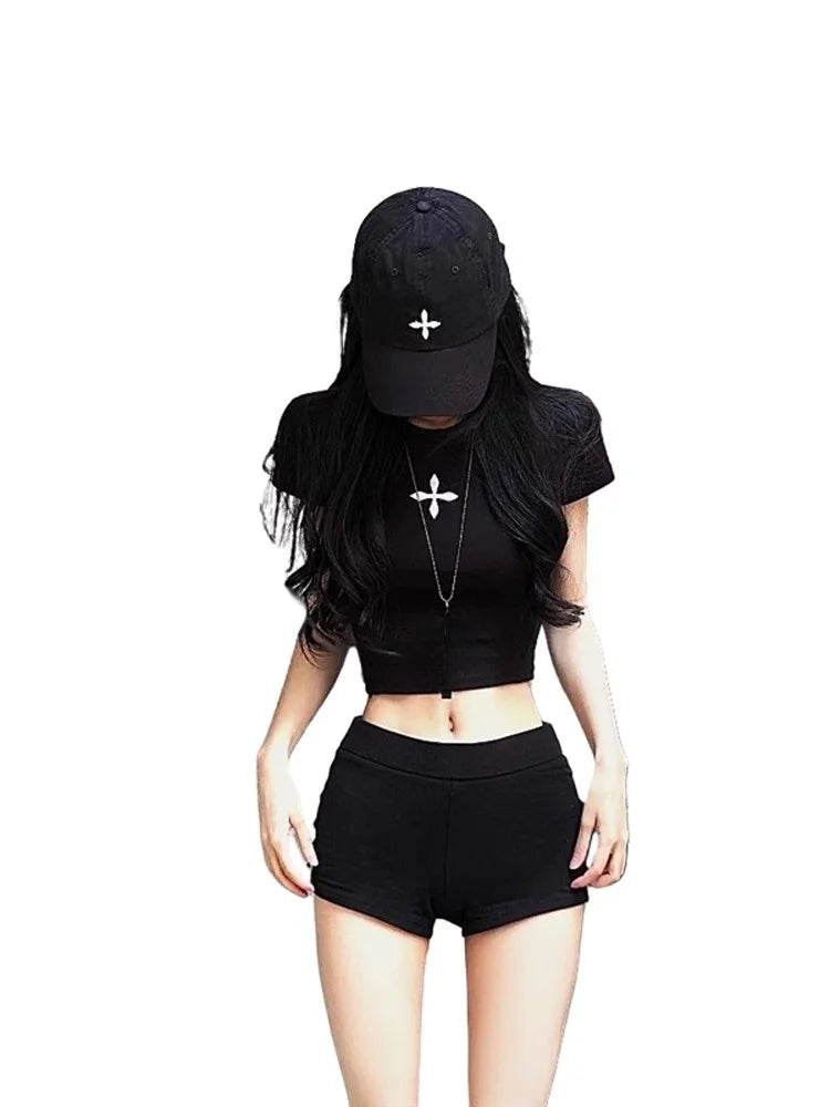 Spicy Short Sleeve Cotton T-Shirt Women's Summer Slim Fit Black Printed Top Korean Style Commute Fashion Belly Button Outfit