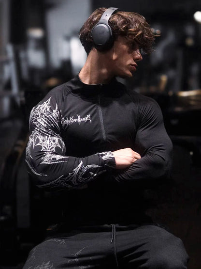 Dark Quick Drying Autumn And Winter Training Long Sleeved Men's Zipper Fitness Clothes, Sports Tight Fitting Clothes