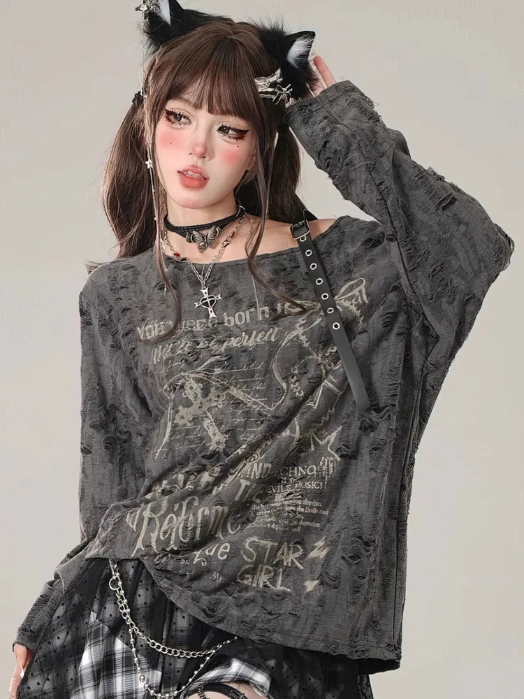 Gothic Vintage Oversize Long sleeve T shirt Women Sweet Sexy Off shoulder Tops Spring Autumn Fashion Holes Basic Tees